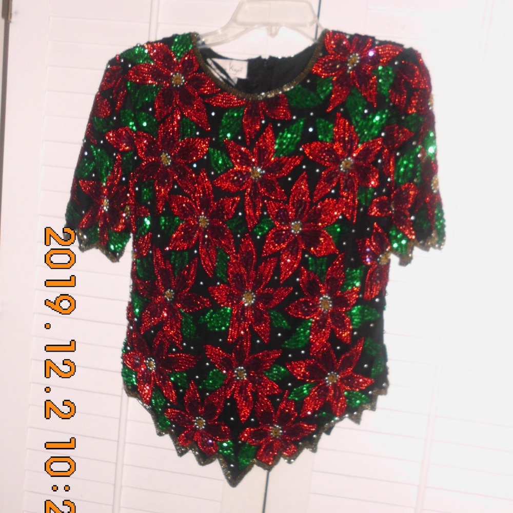 VINTAGE RED & GREEN LINED SEQUINED TOP  SZ. 10 P